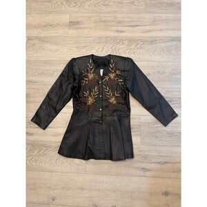 Vintage Hand Beaded Leather Peplum Jacket Black Gold Red Floral Made in India M